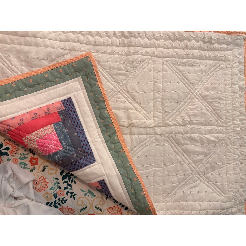 Handmade Log Cabin Quilt Pink Blue Green Floral Eyelet Backing 35 x 25 - Picture 2 of 4